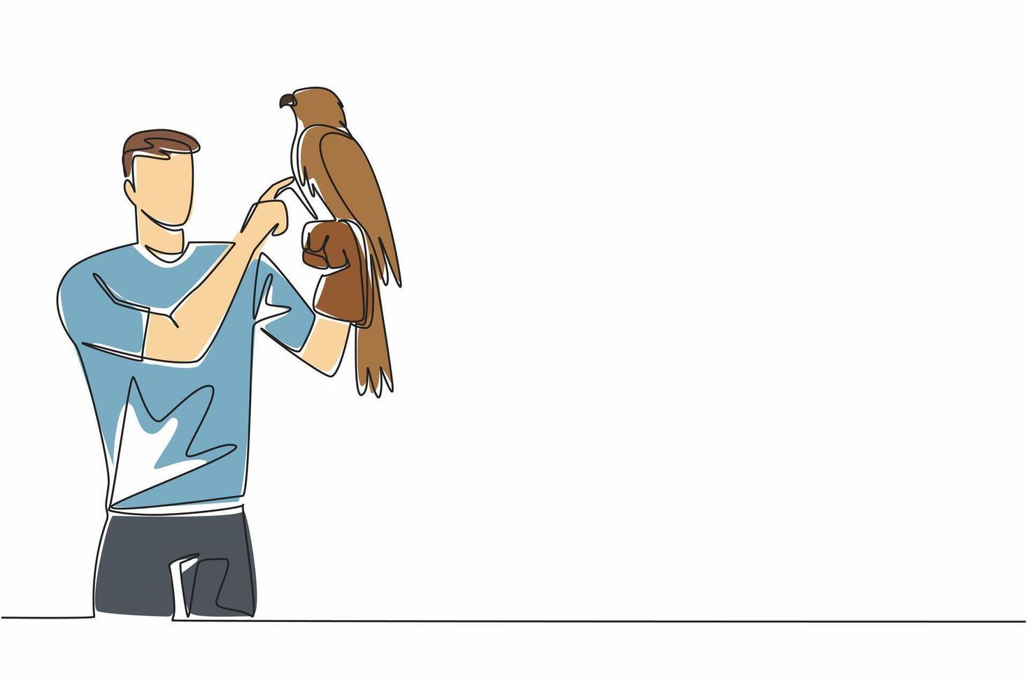 Single one line drawing eagle perched on hand of man. One of many large, thick billed, large footed birds of prey. Strong talons. Claws. Man Holding Bird. Continuous line design graphic illustration vector