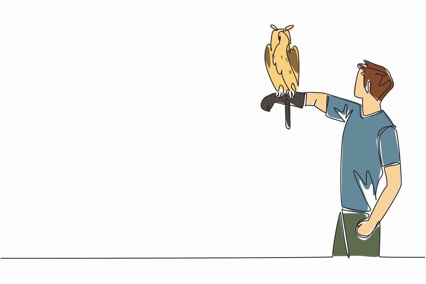 Single continuous line drawing great horned owl perched on hand of man. Ears resembling horns. The most ferocious predator can prey on large prey. Man Holding Bird. One line design illustration vector