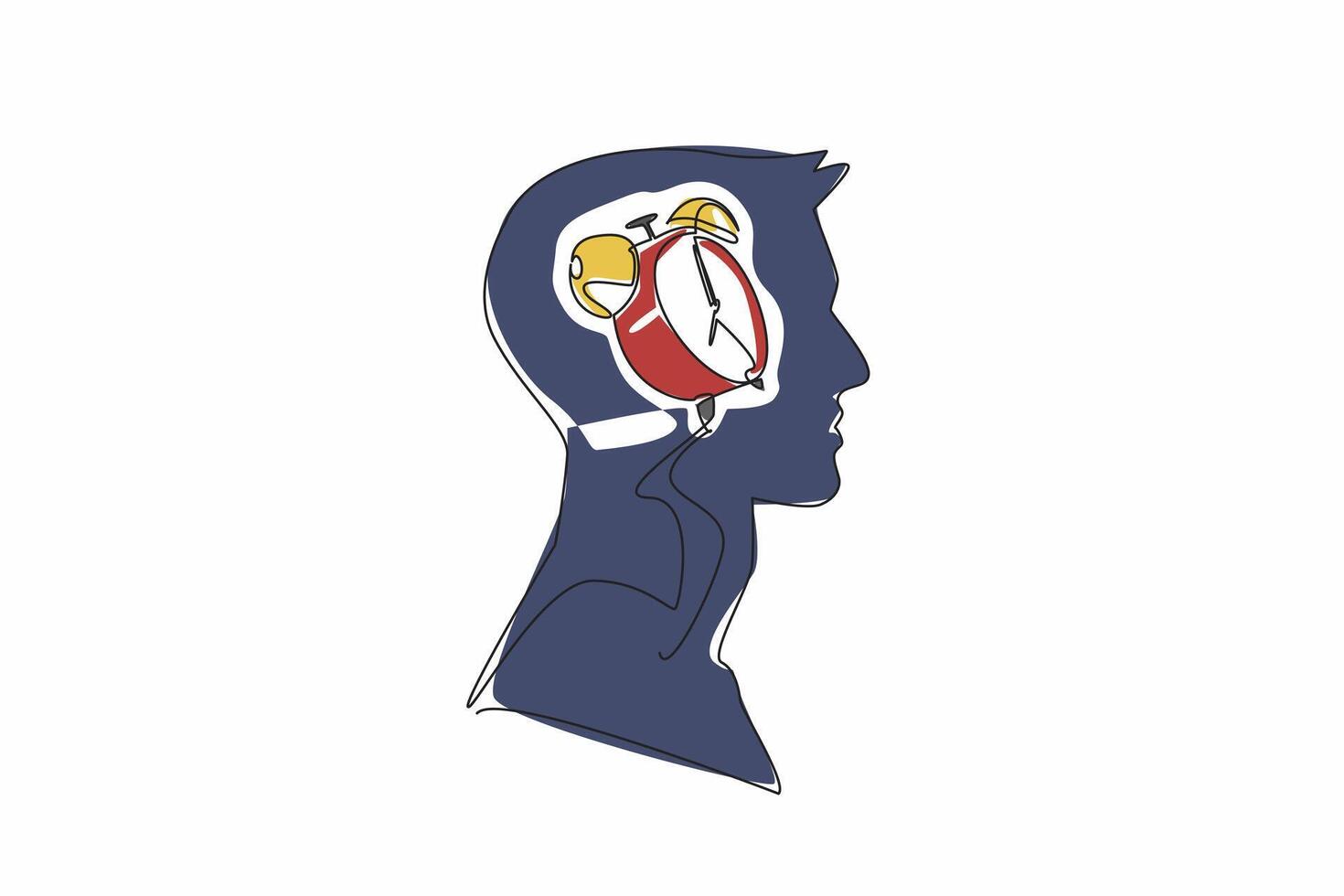 Continuous one line drawing the head of a man has an alarm clock in the middle of his head. Thinking about the many work deadlines. Inside the Head of Man. Single line draw design illustration vector