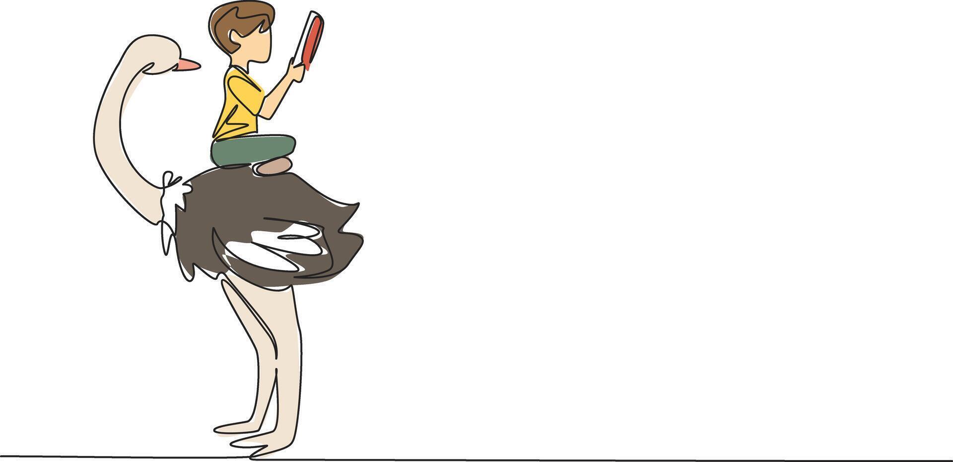 Single one line drawing boy reading book on cute ostrich. Sit cross legged and study seriously. Learn to be an observer. Boy Reading Book at Animal Back. Continuous line design graphic illustration vector