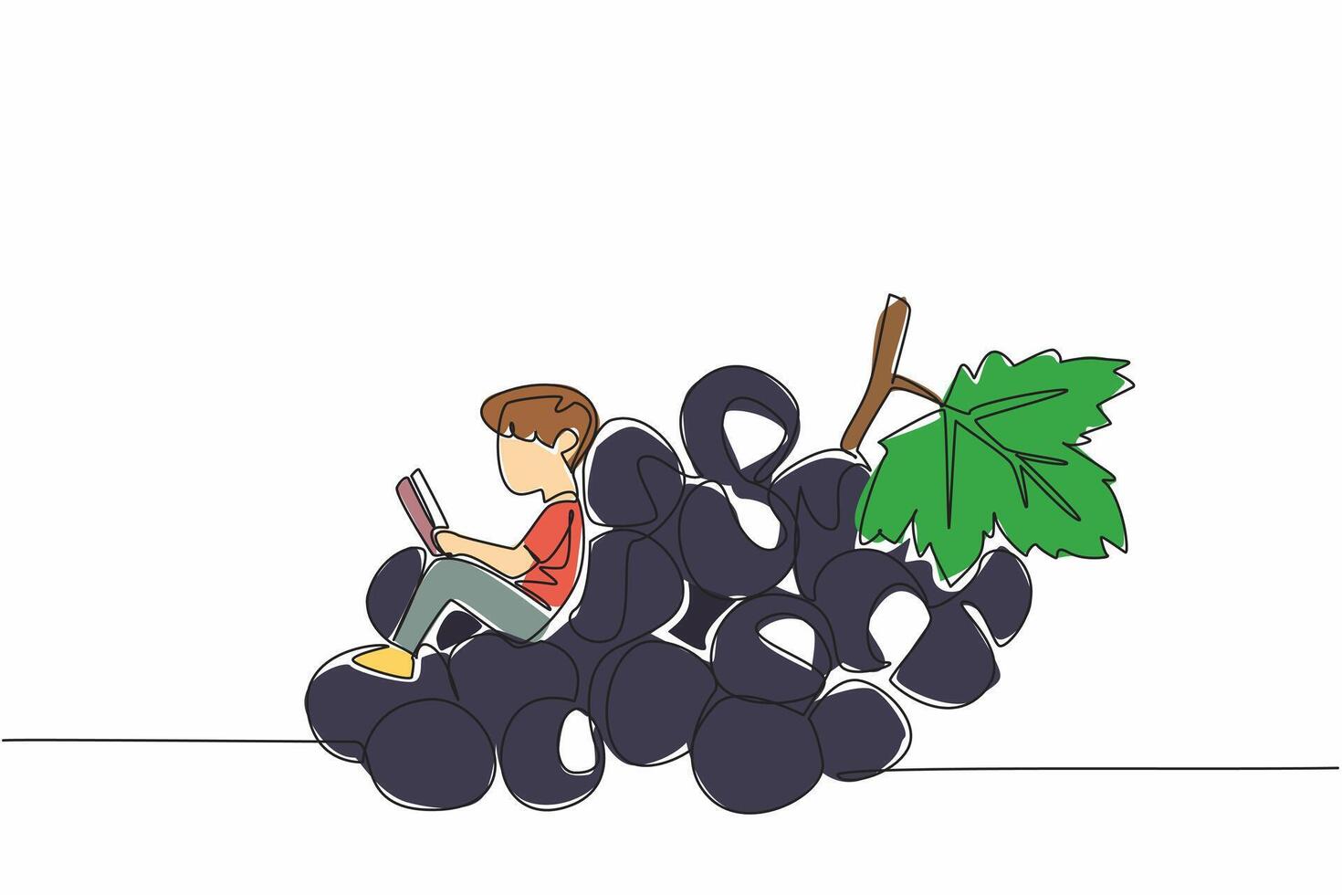 Continuous one line drawing boy reading on a pile of grapes. Find out properties of grapes based on their color. Boy Reading Book at Vegetables and Fruits. Single line draw design illustration vector