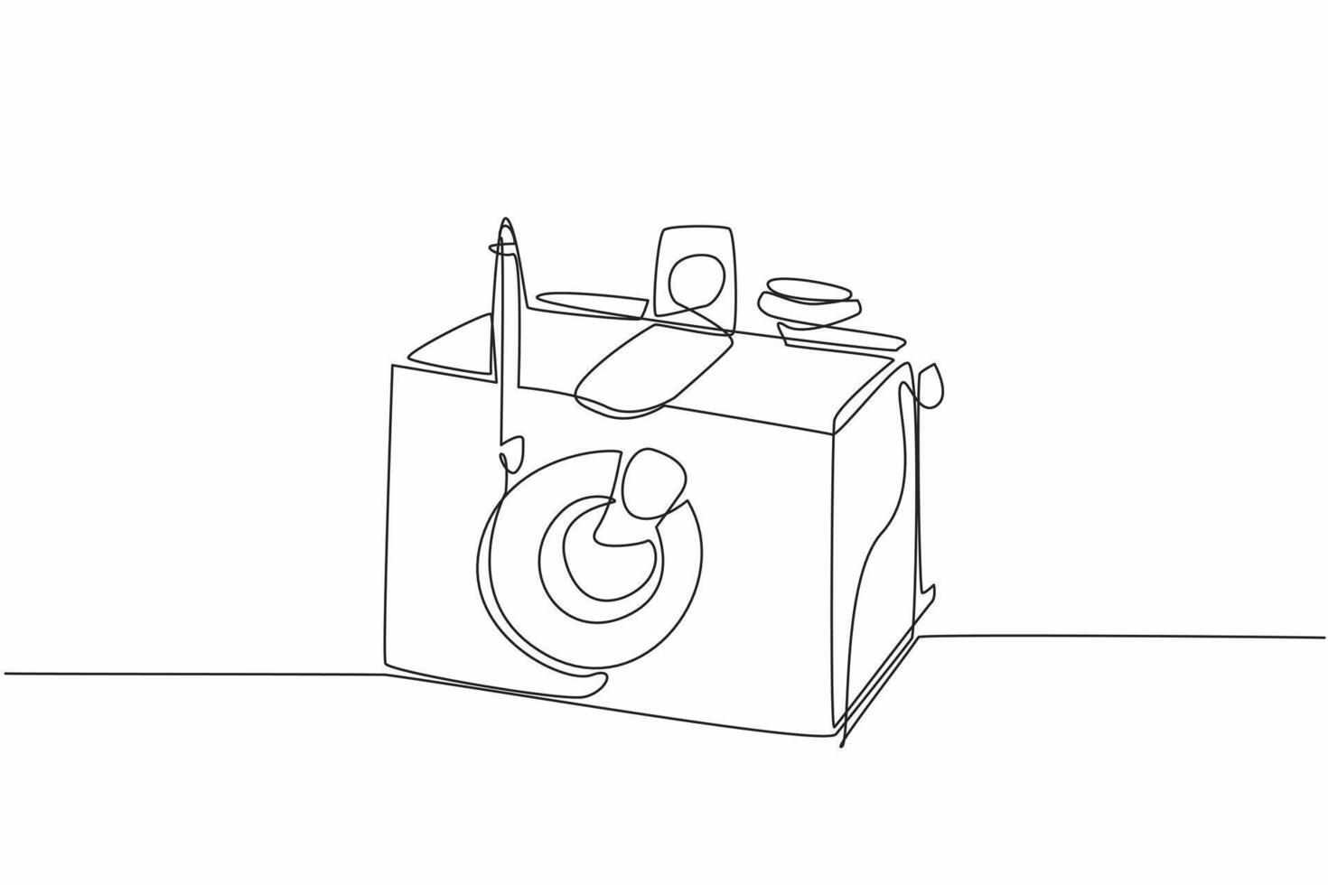 Single one line drawing pinhole camera made of wood. A simple camera that does not have lens. Shooting using negative paper. World Pinhole Photography Day. Continuous line design illustration vector