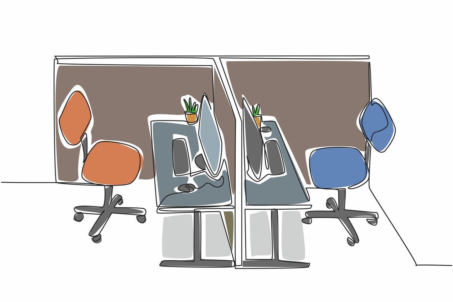 Single continuous line drawing cubicle office facing each other. Designed for easy coordination between coworkers. Convenience. Neat. Clean. National Cubicle Day. One line design illustration vector
