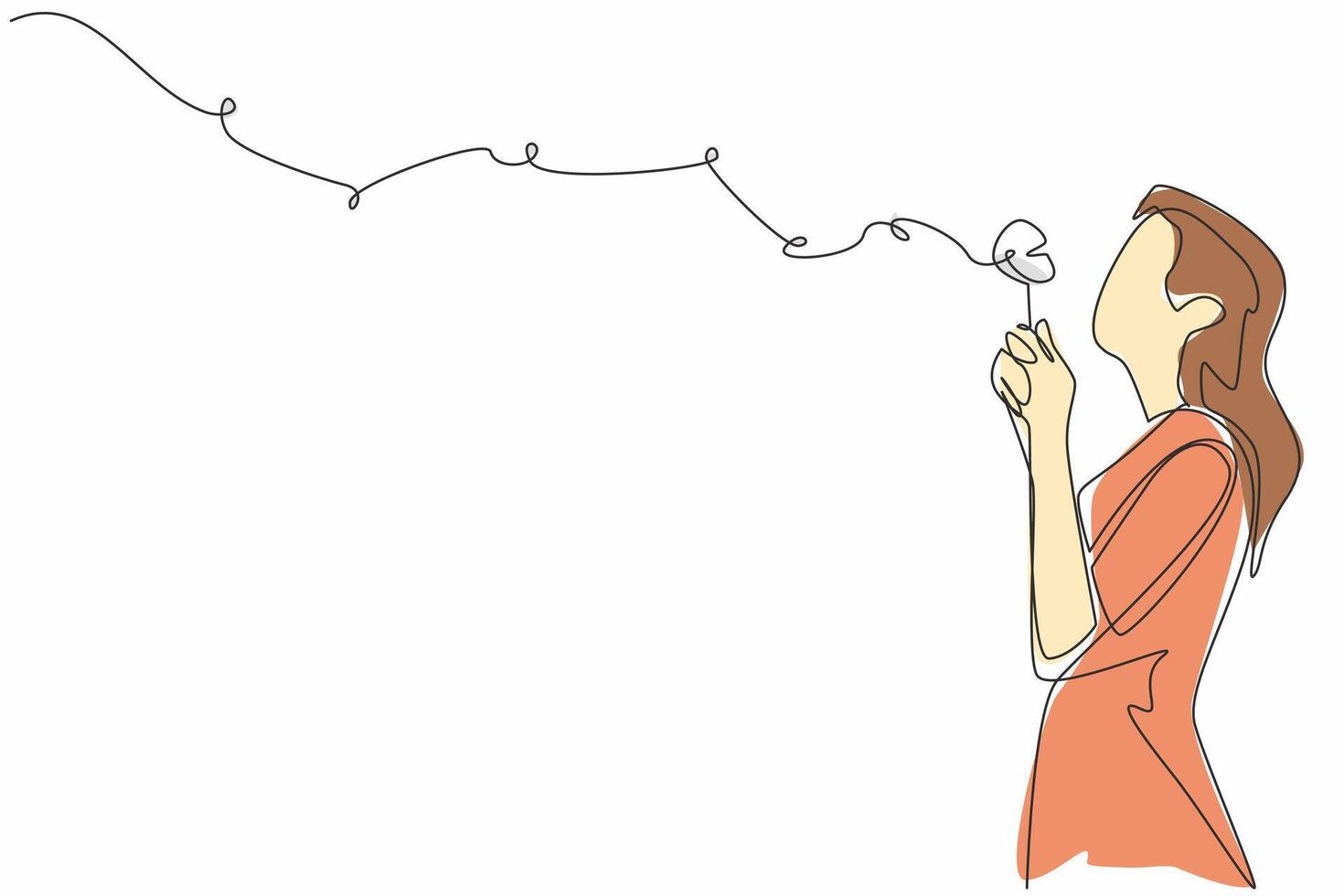 Single continuous line drawing woman in casual clothes holds a dandelion with both hands and blows it. High hopes are not as fragile as dandelions. World Wish Day. One line design illustration vector