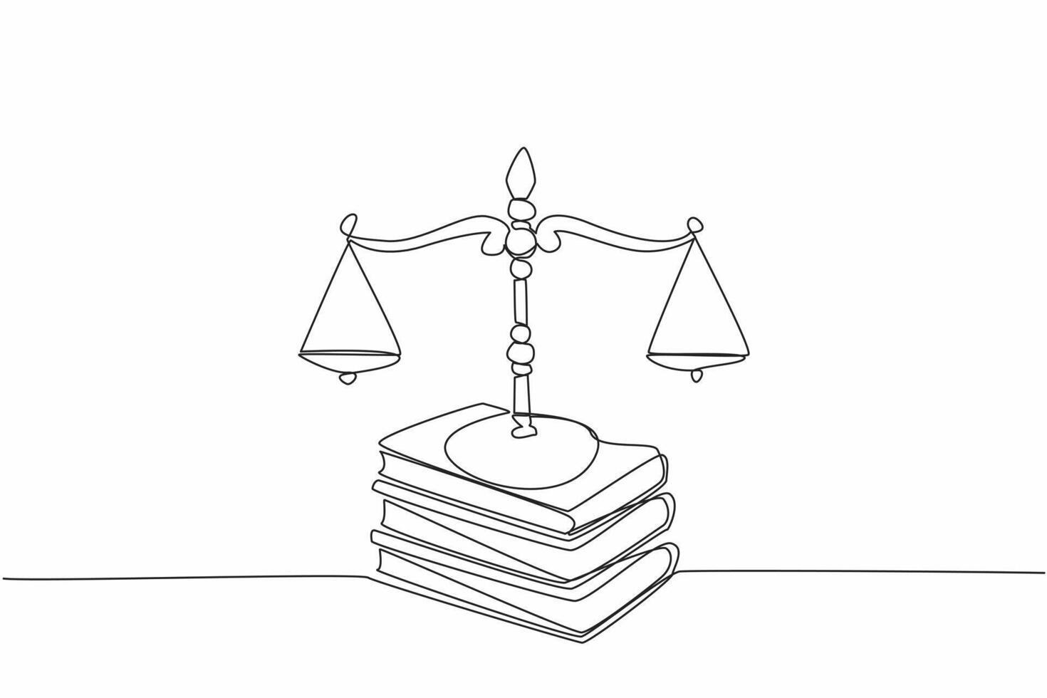 Continuous one line drawing scale on top of 3 stacks of thick books. Symbol of the rule of law. Just law. Justice makes society safe. Equality. Law Day. Single line draw design vector