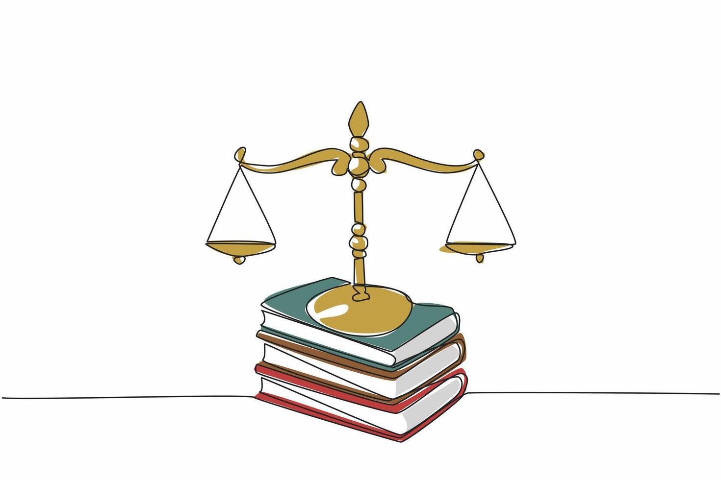 Continuous one line drawing scale on top of 3 stacks of thick books. Symbol of the rule of law. Just law. Justice makes society safe. Equality. Law Day. Single line draw design illustration vector