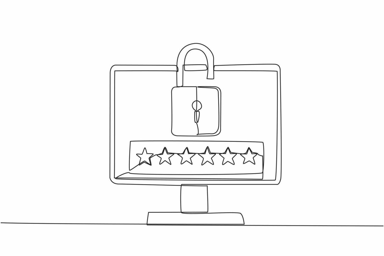 soltero continuo línea dibujo monitor con abierto candado en pantalla. un único combinación de 6 6 caracteres a desbloquear. fuerte proteccion. código. mundo contraseña día. uno línea diseño vector