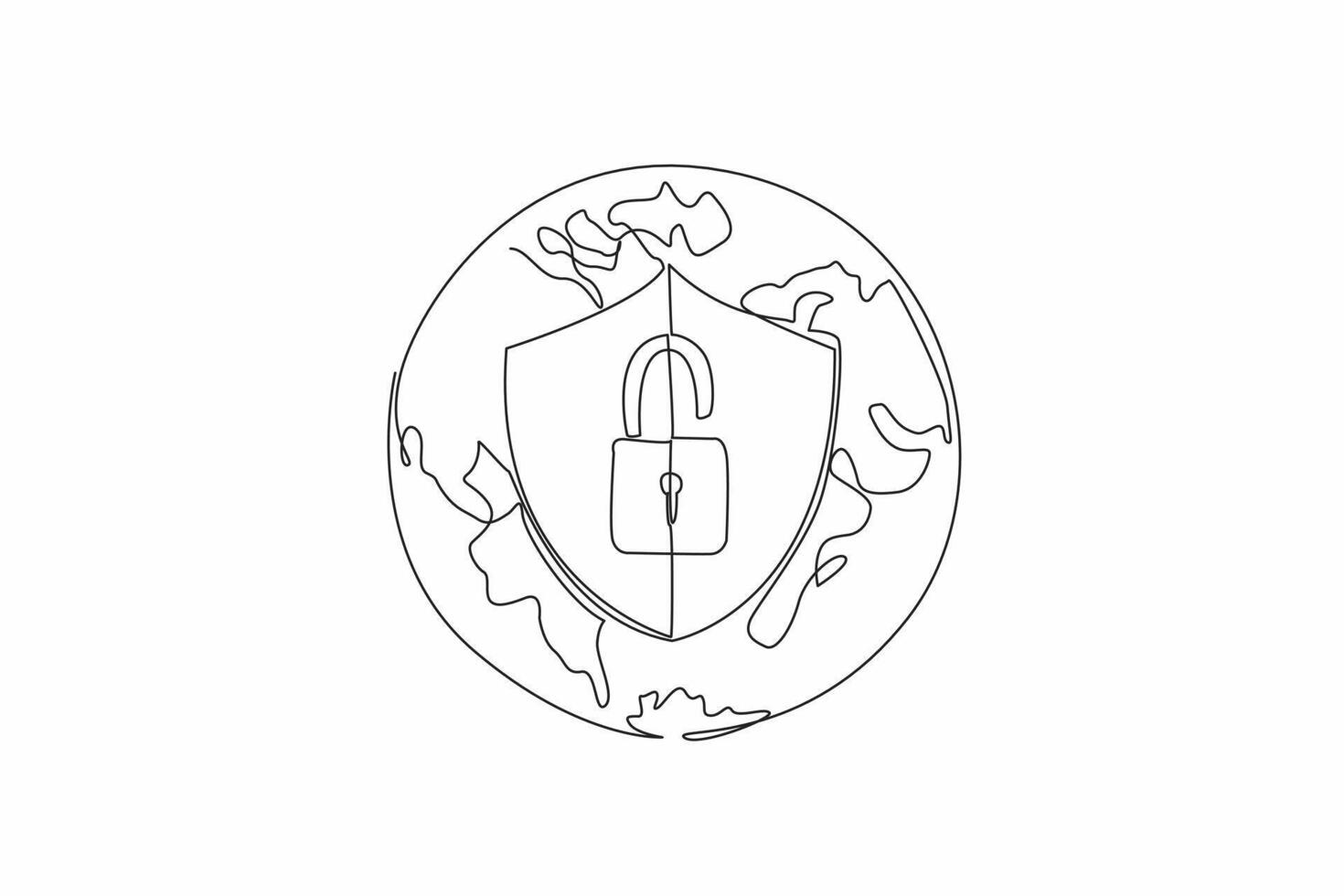 Single continuous line drawing globe with shield and open padlock in middle. Two safe stages to explore in cyberspace. Dual layer protection. World Password Day. One line illustration vector