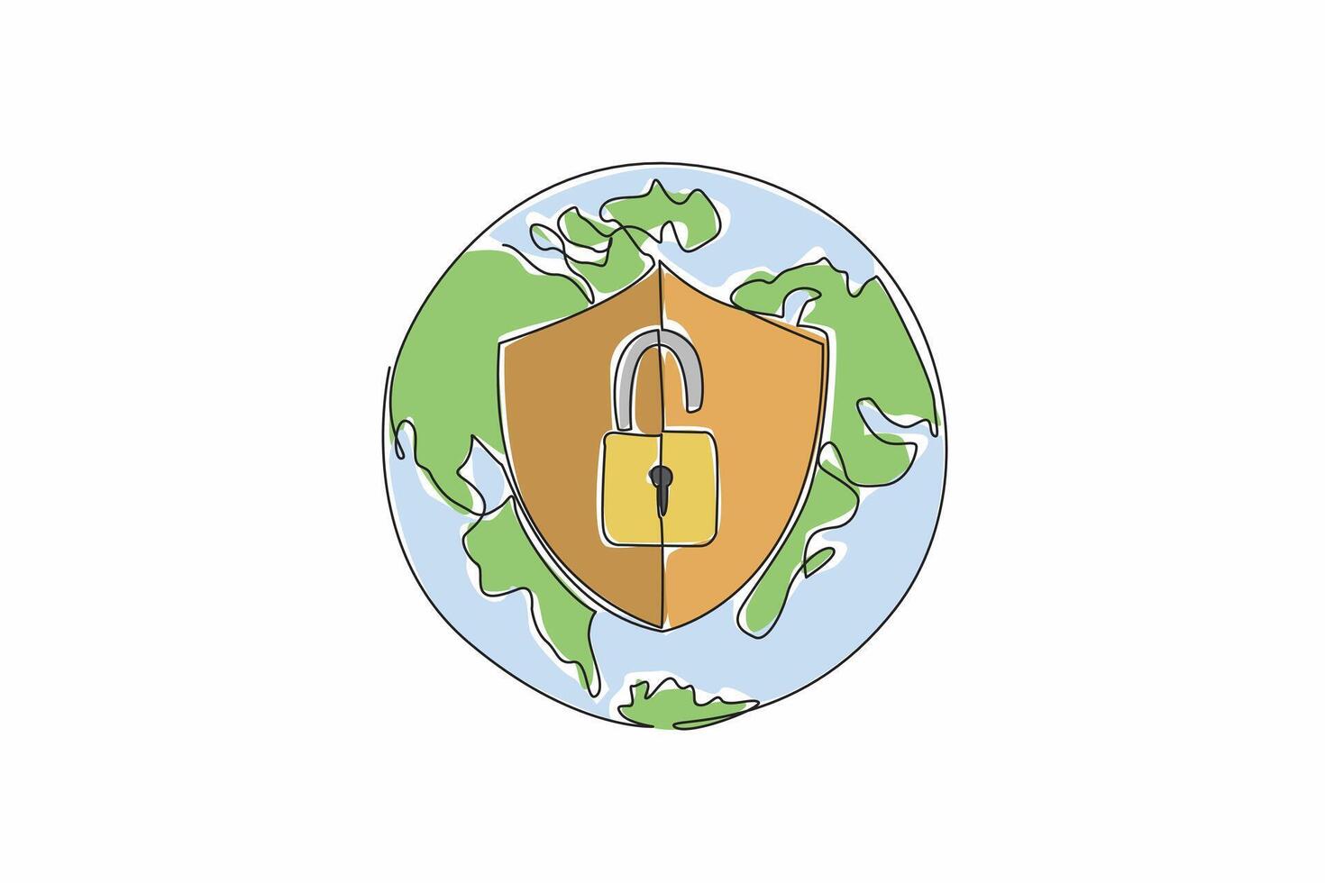Single continuous line drawing globe with shield and open padlock in middle. Two safe stages to explore in cyberspace. Dual layer protection. World Password Day. One line design illustration vector