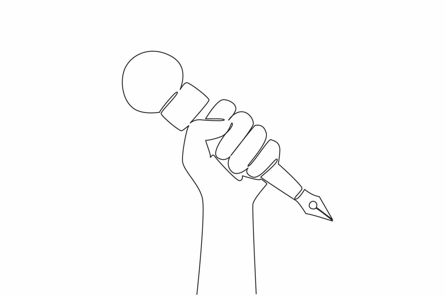 Continuous one line drawing hand holding a microphone with a pen underneath. Symbolization. Recording sound or taking notes. Media. World Press Freedom Day. Single line draw illustration vector