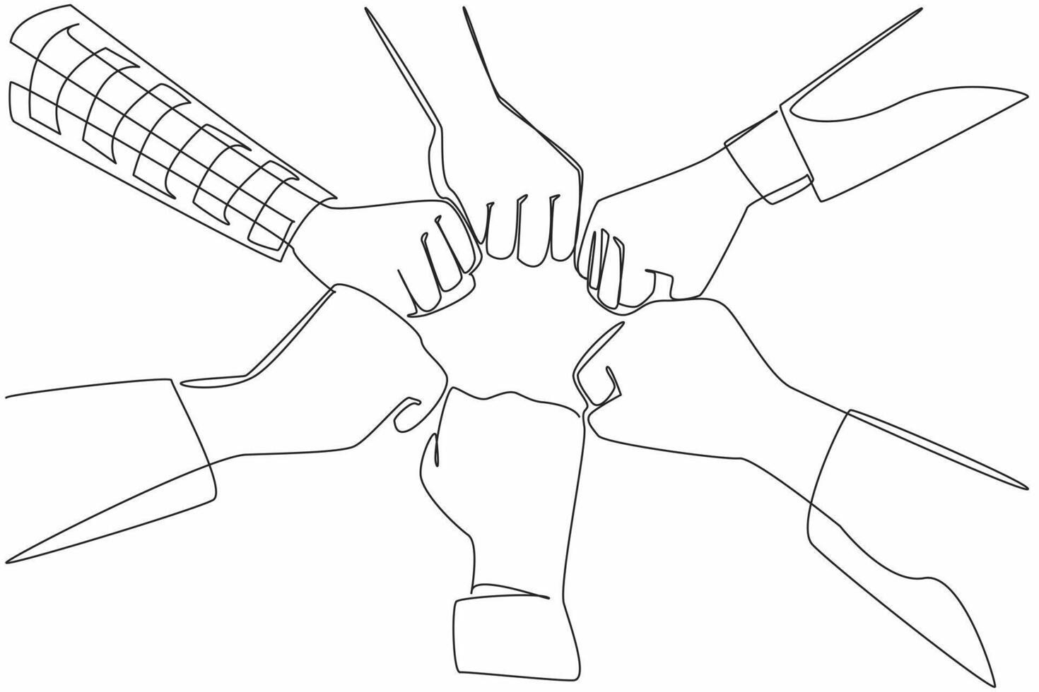 Single one line drawing 6 hands with different sleeve styles, clenching their fists together. Reaching consensus. Uniting spirit. Teamwork. Join Hands Day. Continuous line design illustration vector