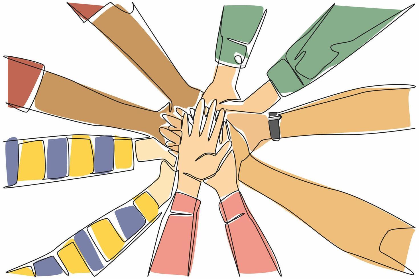 Single continuous line drawing 5 pairs of hands with various sleeve models stacked on top of each other. Collaboration between divisions. Colleague. Join Hands Day. One line design illustration vector