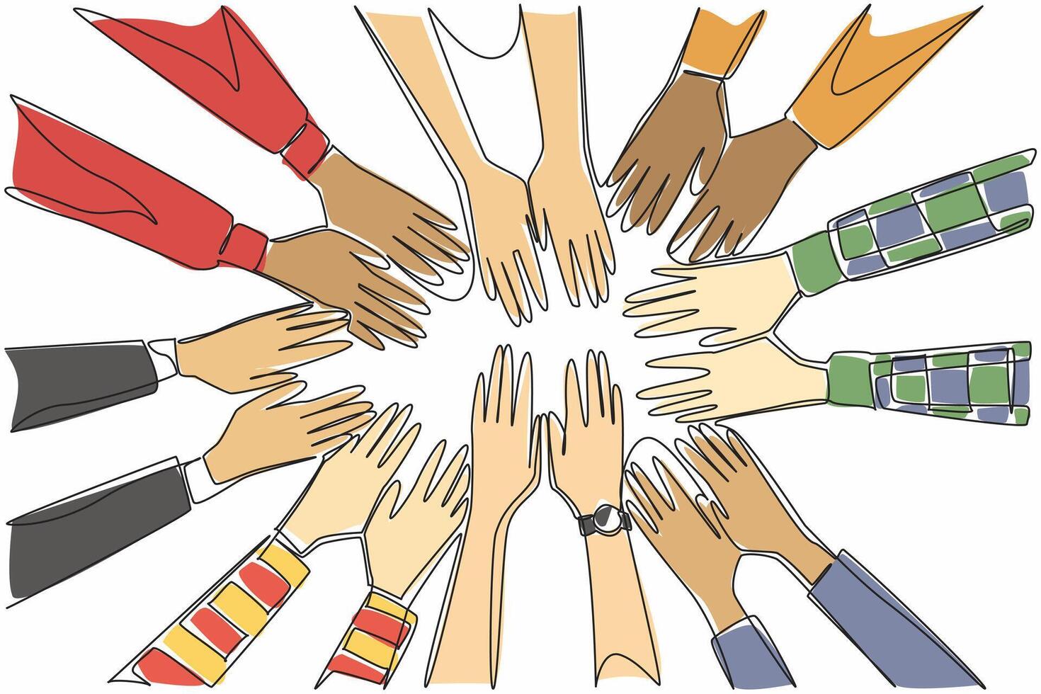 Single continuous line drawing 8 pairs of hands with various sleeve models stacked on top of each other. Team agreement. Encouragement. Work group. Join Hands Day. One line illustration vector