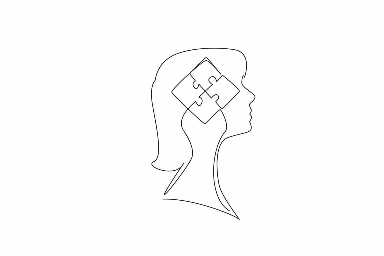 Continuous one line drawing the head of woman has a puzzle in the middle of her head. Solve problems one by one. Out of the box. Inside the Head of Woman. Single line draw design illustration vector