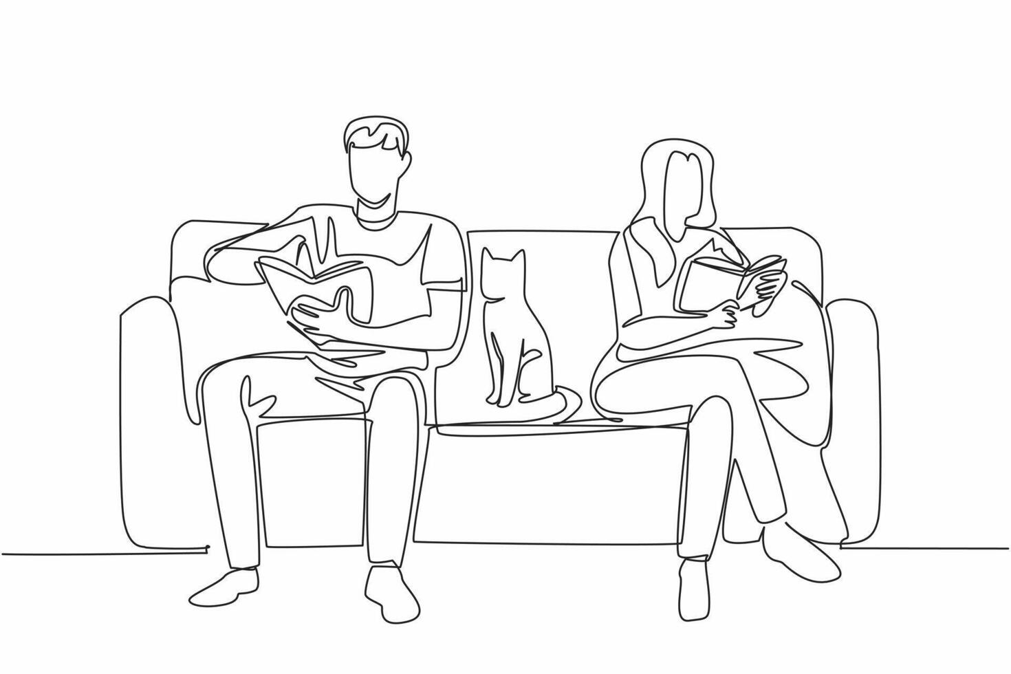 Single one line drawing a married couple sitting on sofa while both reading a book. Have the same hobbies and passions. Science. National Pet Parents Day. Continuous line design graphic illustration vector