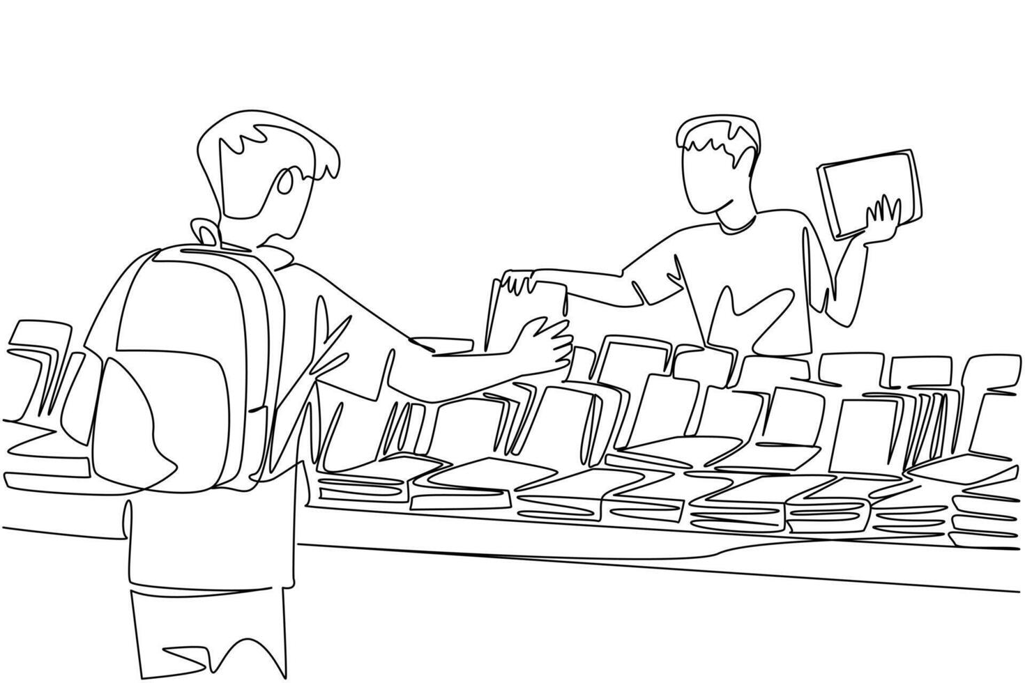 Continuous one line drawing a man buys a book at a book stall. The most complete place to find old books. Many collections. National Small Business Day. Single line draw design illustration vector