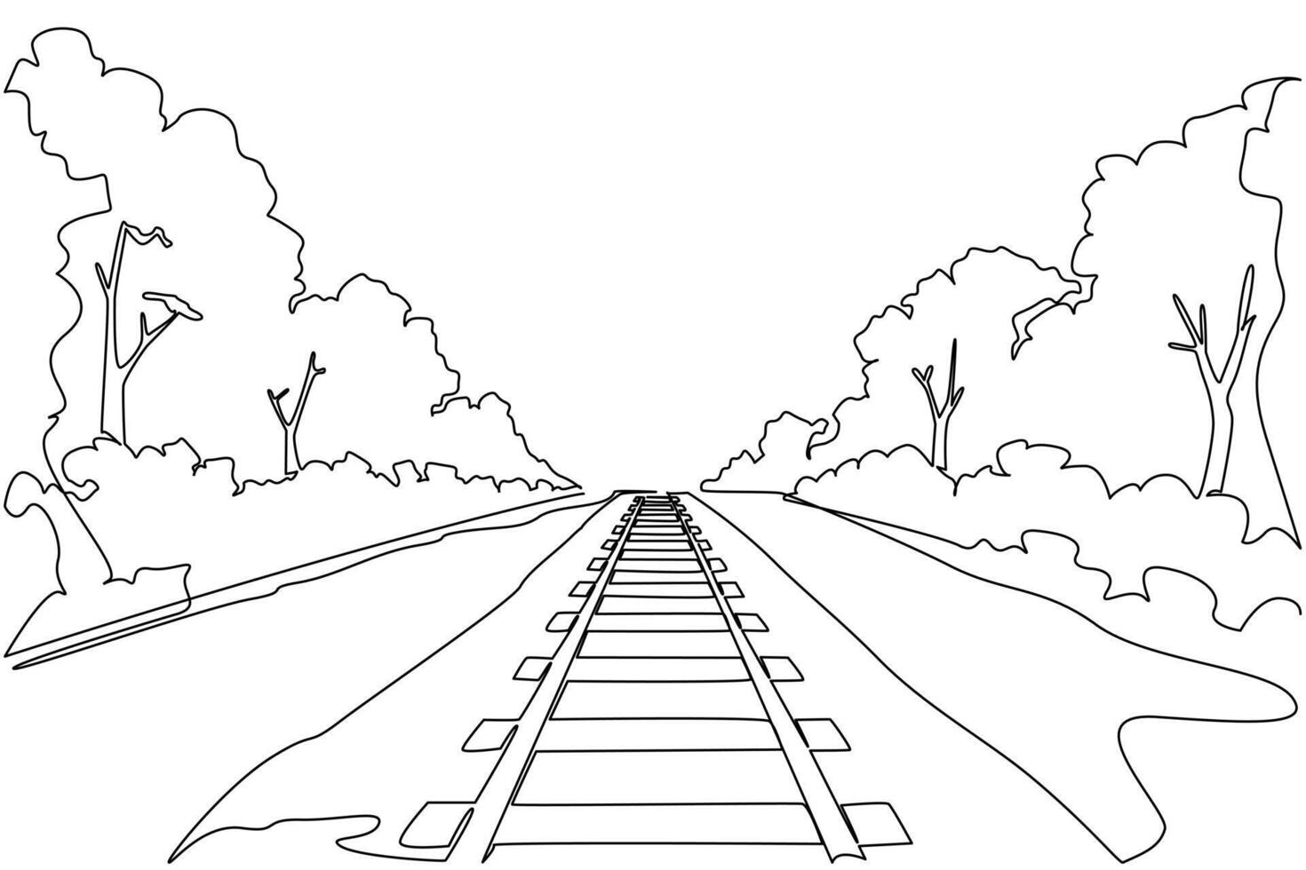 Single continuous line drawing train tracks with added trees along the tracks. Point of view of the machinist. Enjoying the green leaves. View. National Train Day. One line design illustration vector