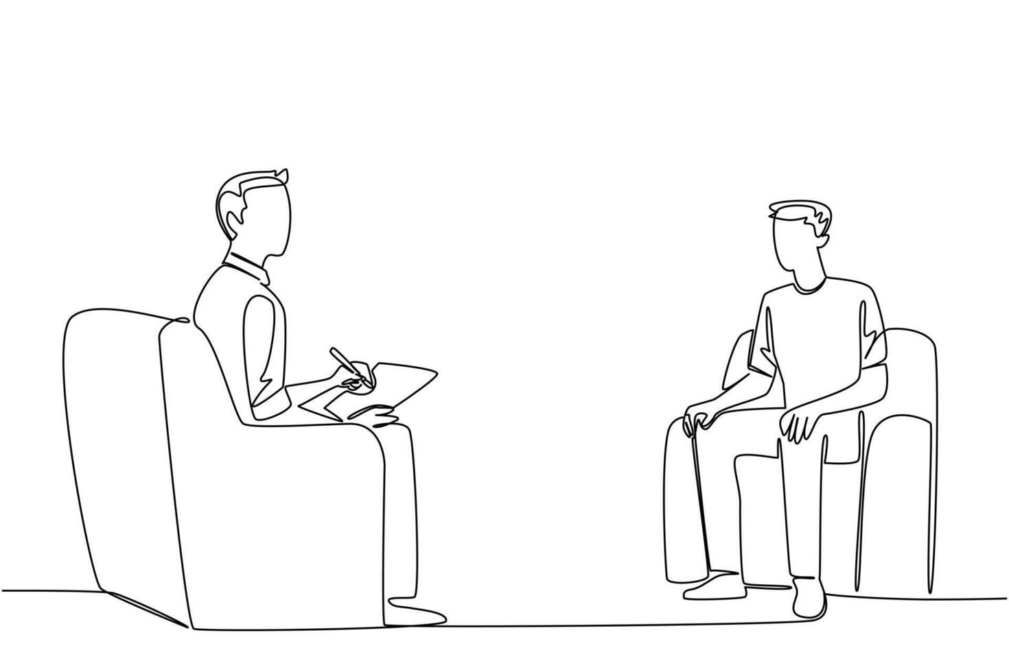 Continuous one line drawing man sitting on sofa holding clipboard. Logging problem. Looking for solution. National Mental Health Provider Appreciation Day. Single line draw design illustration vector