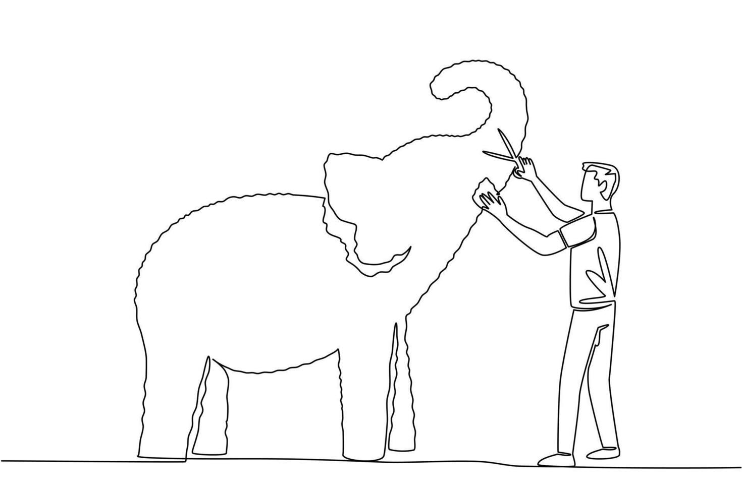 Continuous one line drawing a male gardener holds grass shears and shapes a tree into an elephant. A creativity without limits. The art. World Topiary Day. Single line draw design illustration vector