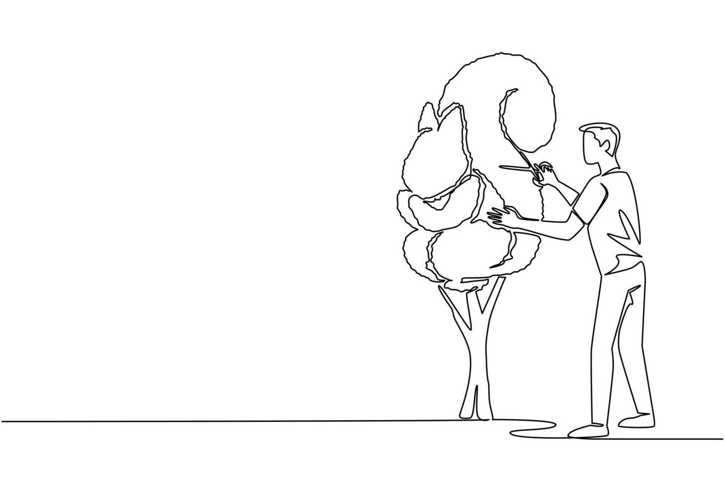 Single continuous line drawing a male gardener holding tree shears shaping a tree into a squirrel. Unique creative art. Symbol of perseverance. World Topiary Day. One line design illustration vector