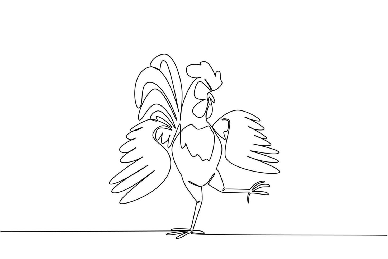 Single continuous line drawing rooster dancing pose. Moving the feet agilely. Following the rhythm of the music. Unique character. Comb. Dance Like a Chicken Day. One line design illustration vector