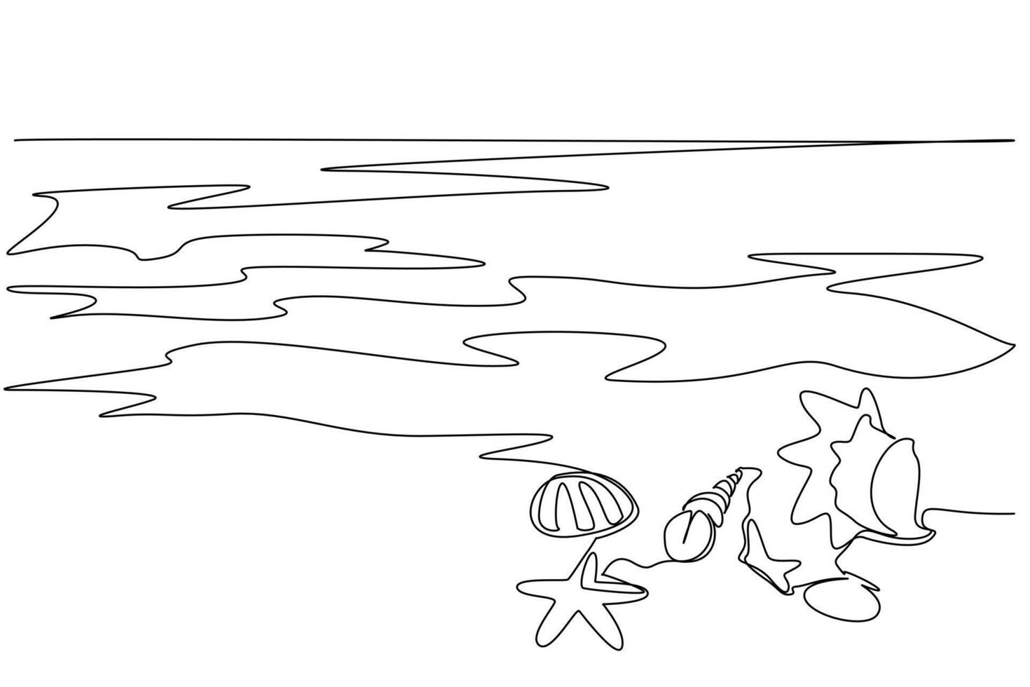 Single one line drawing various shells and starfish on the beach. Guardians of a healthy marine ecosystem. Ecosystem diversity generator. Mother Ocean Day. Continuous line design graphic illustration vector