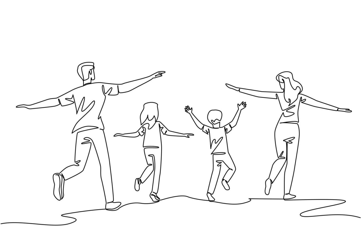 Single one line drawing back view, happy family running and stretching both hands. Running around the park with joy. Holiday. International Family Day. Continuous line design graphic illustration vector