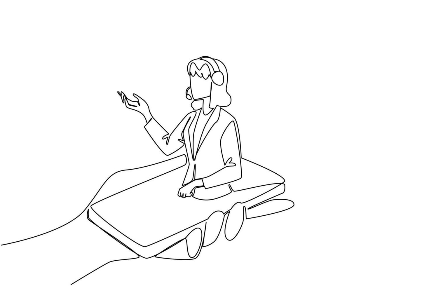 Continuous one line drawing hand hold smartphone with female customer support coming out of screen. Mobile application. International Customer Support Day. Single line draw design illustration vector