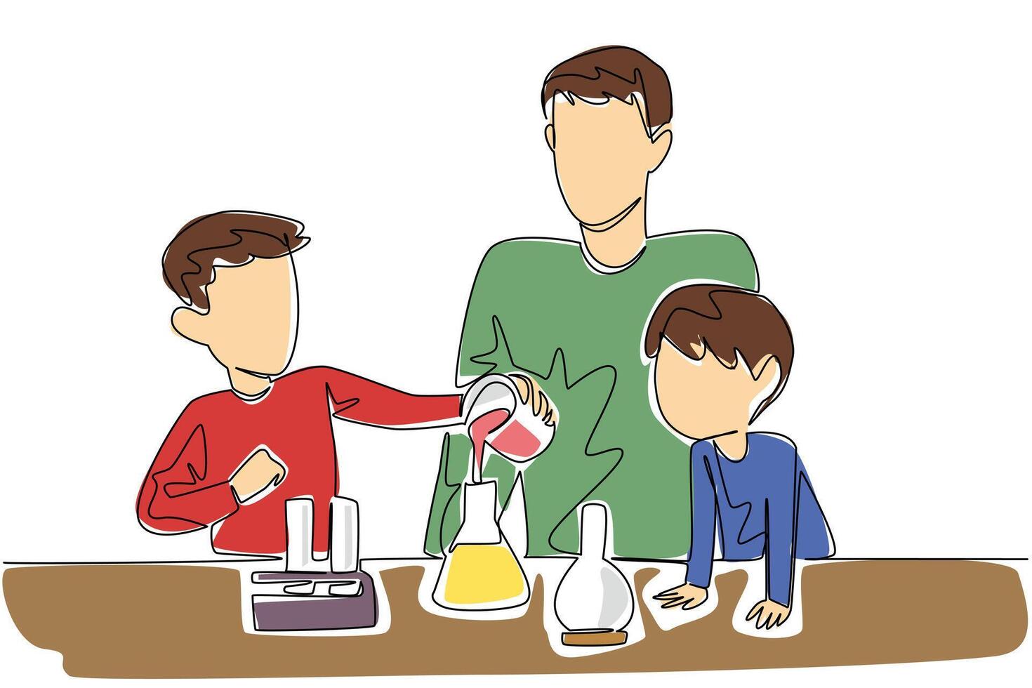 Single one line drawing a man accompanies 2 boys experimenting with measuring cups. Learn chemical reactions. Learning with fun. Child Care Provider Day. Continuous line design illustration vector