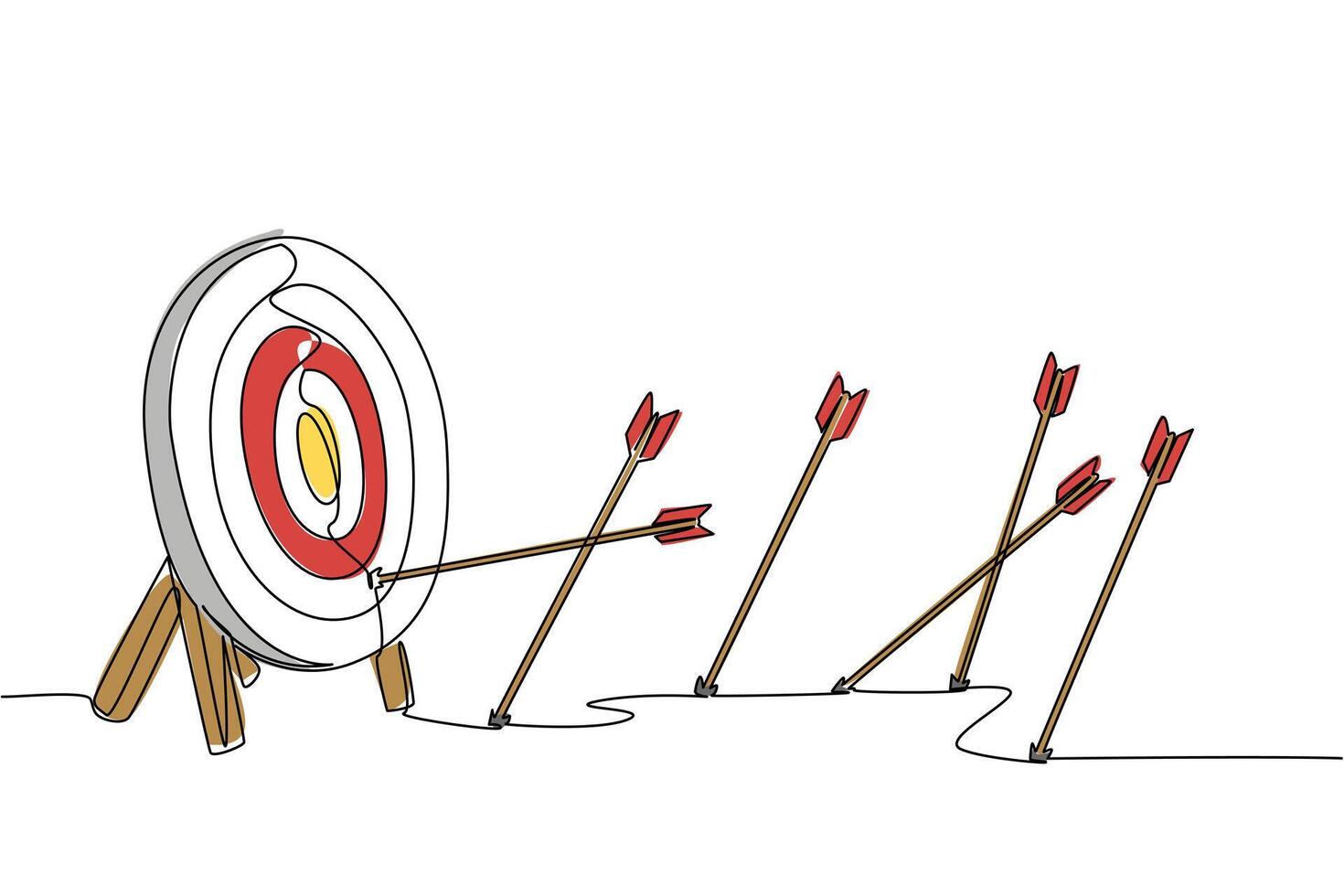 Continuous one line drawing more arrows stuck in the ground than the target pad. Lots of practice to perfect. Lack of accuracy. Not on target. Archery Day. Single line draw design vector