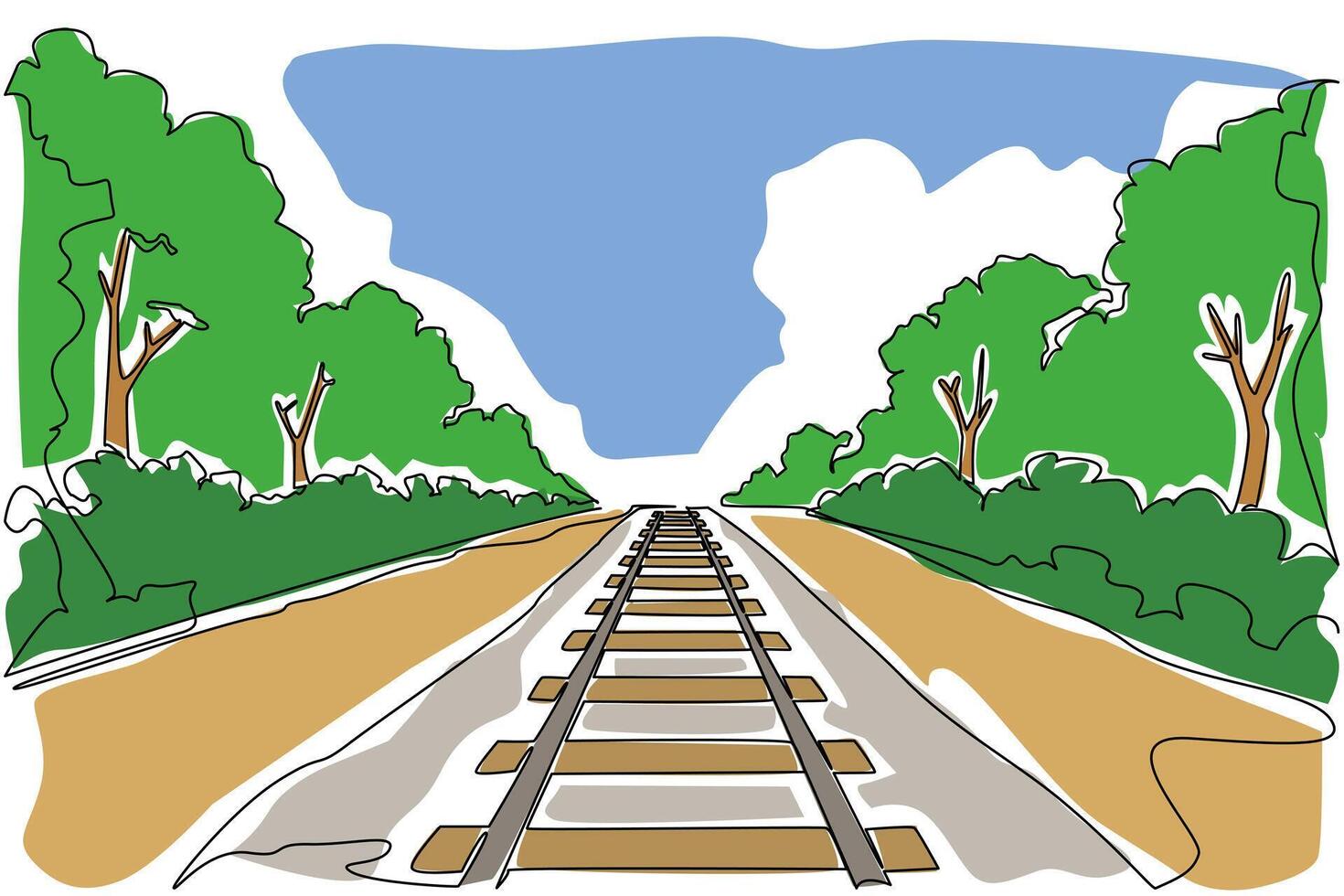 Single continuous line drawing train tracks with added trees along the tracks. Point of view of the machinist. Enjoying the green leaves. View. National Train Day. One line design vector