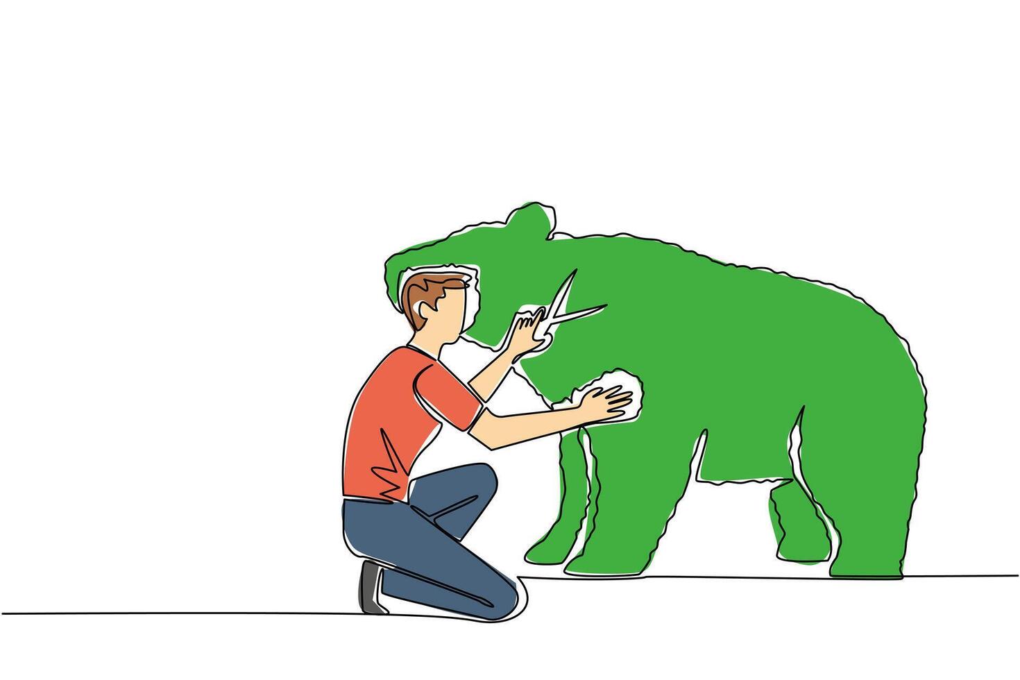 Single continuous line drawing a male gardener kneeling holding tree shears shaping a tree into a bear. Channeling hobbies into different media. World Topiary Day. One line design vector