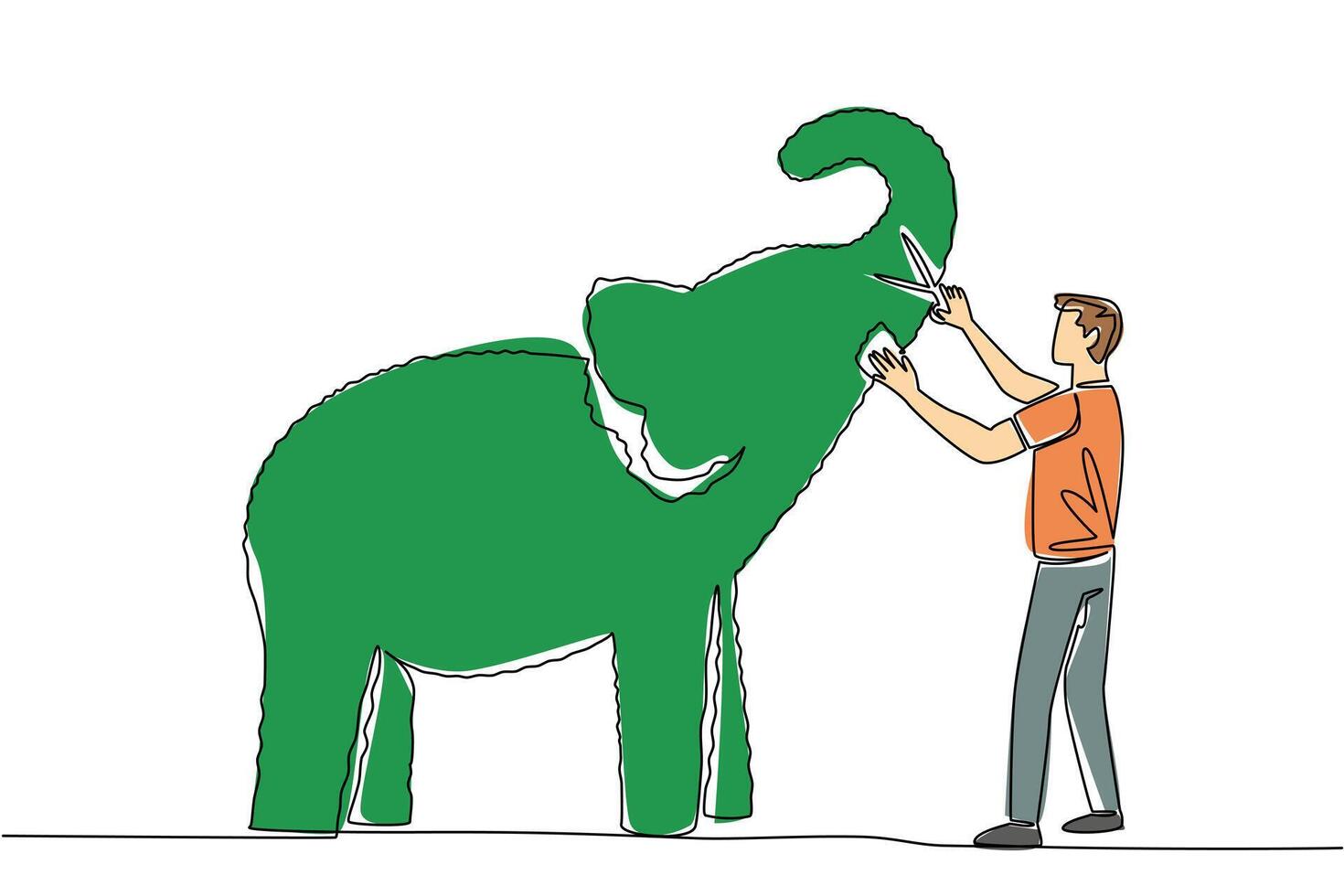 Continuous one line drawing a male gardener holds grass shears and shapes a tree into an elephant. A creativity without limits. The art. World Topiary Day. Single line draw illustration vector
