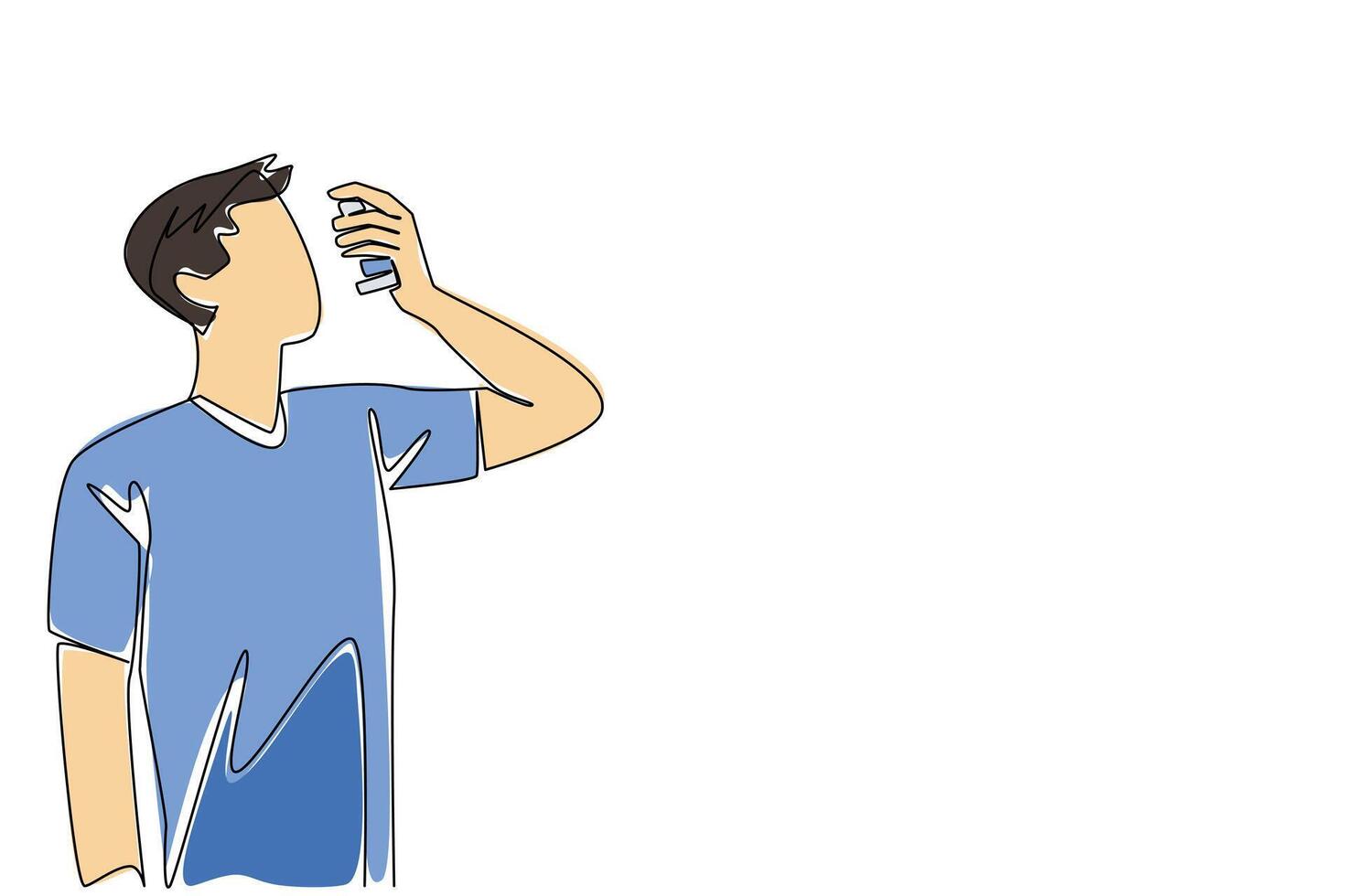 Continuous one line drawing man inhales asthma inhaler. Inability to manage stress well is a trigger. Healthy living without much thought. World Asthma Day. Single line draw illustration vector
