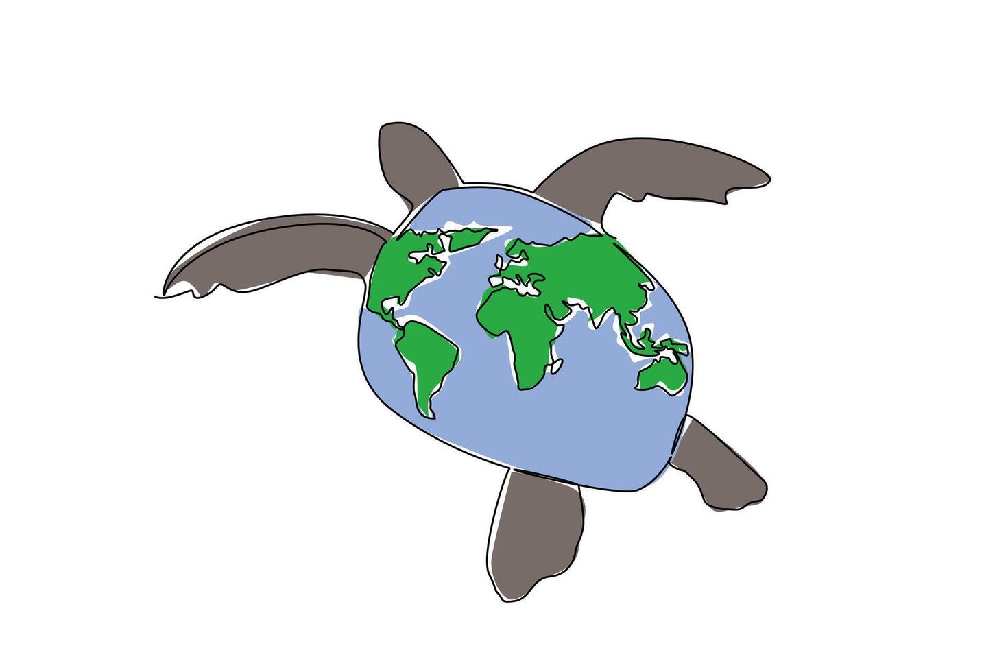 Continuous one line drawing swimming turtle and globe symbol on shell. The ocean is their home and habitat. Love the environment. Reptile. Mother Ocean Day. Single line draw design vector