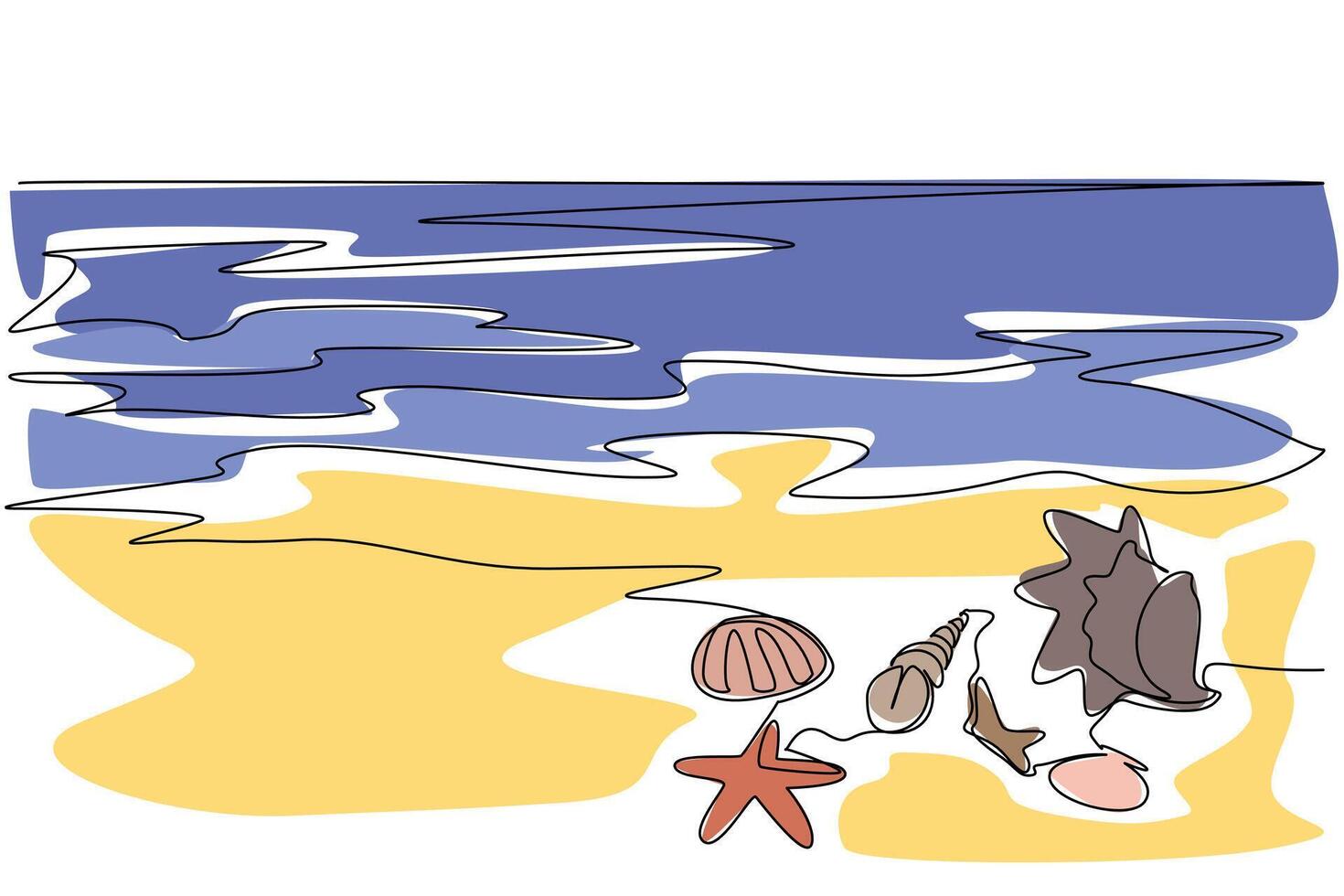 Single one line drawing various shells and starfish on the beach. Guardians of a healthy marine ecosystem. Ecosystem diversity generator. Mother Ocean Day. Continuous line design illustration vector