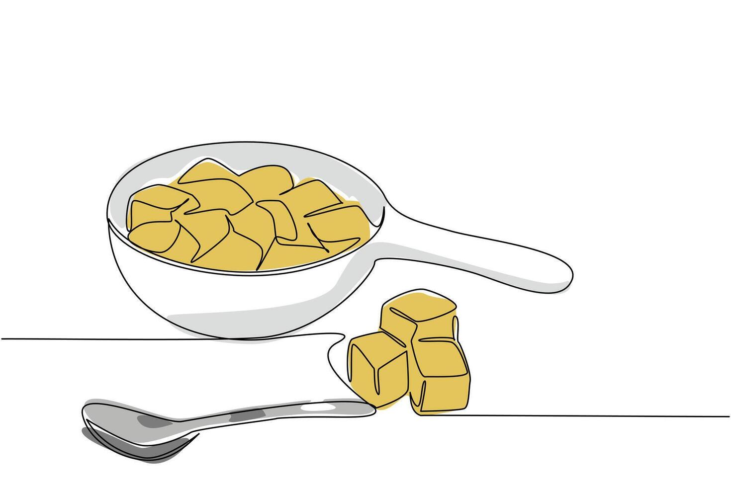 Single one line drawing croutons in bowl and some scattered on the side and add a stainless steel spoon. The food complement is ready. National Crouton Day. Continuous line design illustration vector