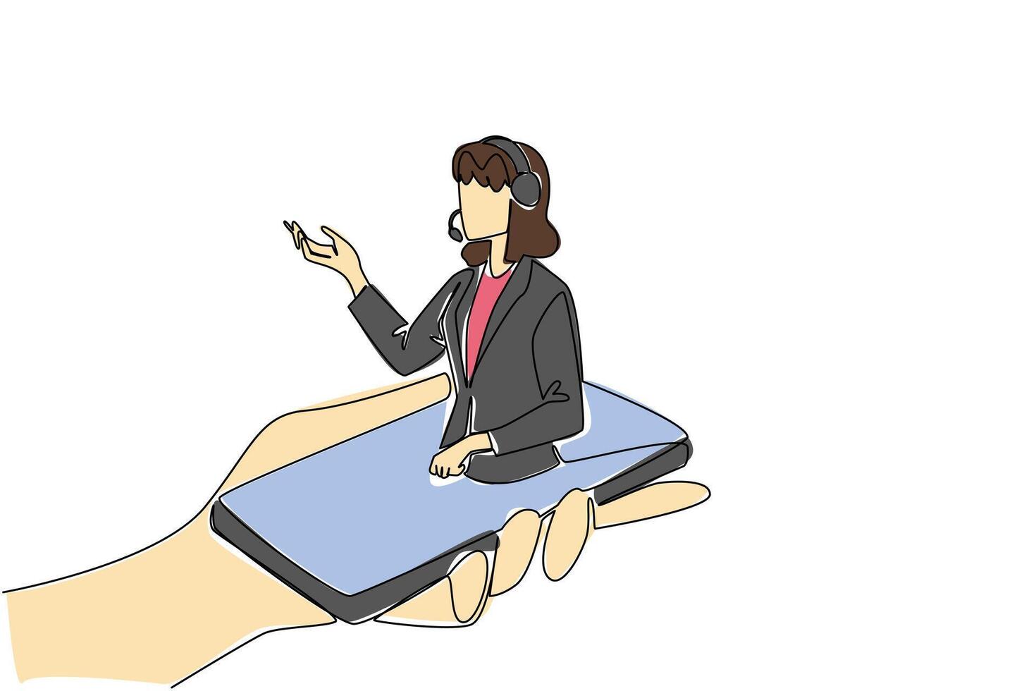 Continuous one line drawing hand hold smartphone with female customer support coming out of screen. Mobile application. International Customer Support Day. Single line draw illustration vector