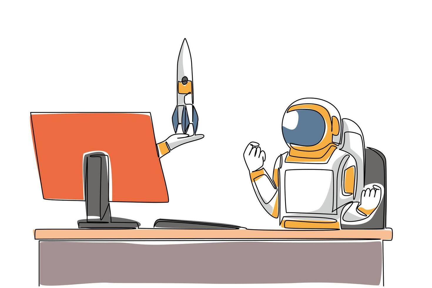 Single one line drawing hand of astronaut out of monitor screen while holding a rocket. Expedition rocket successfully refurbished. Things from Screen. Continuous line design graphic illustration vector