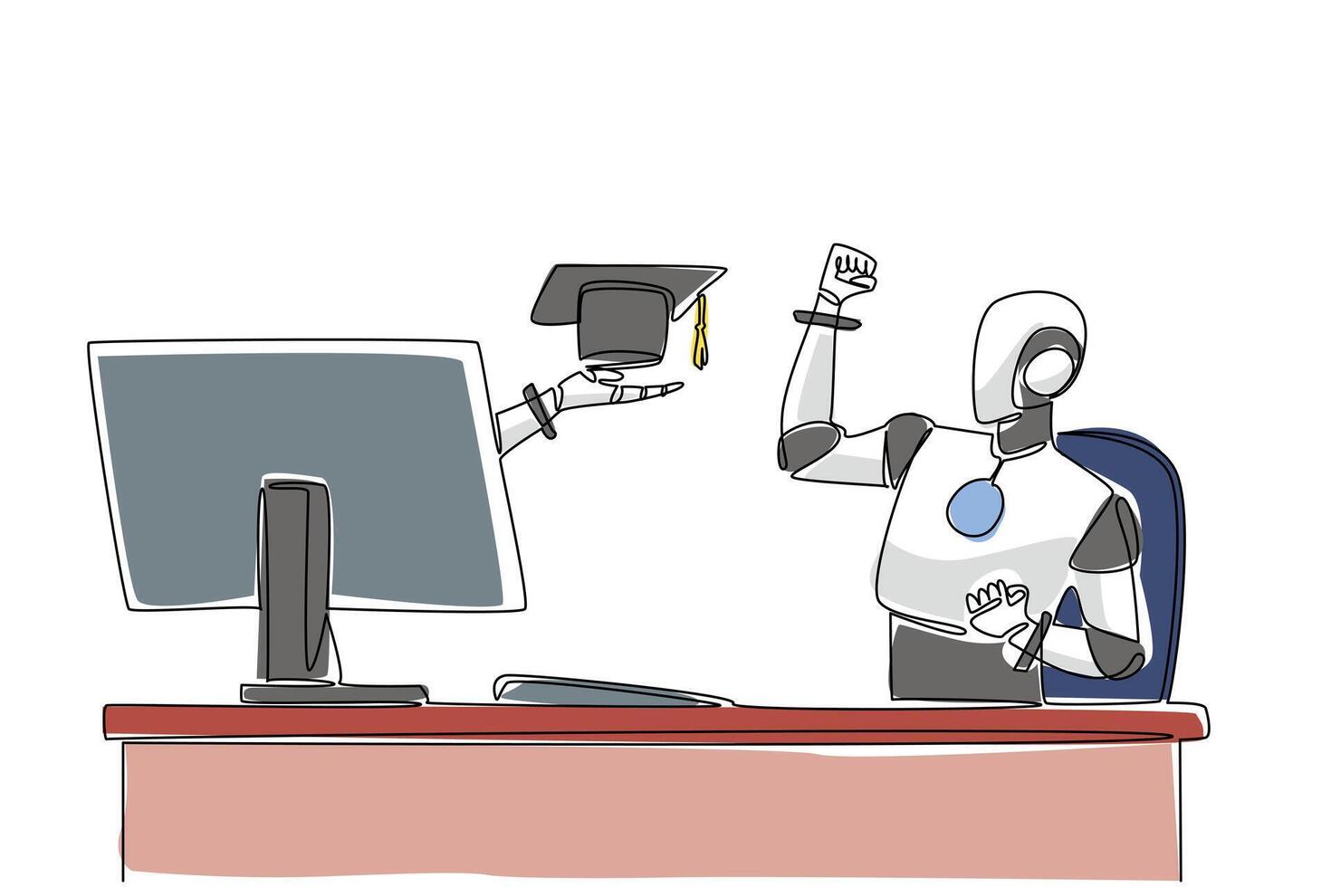 Single continuous line drawing hand of robot out of monitor screen while holding graduation cap. Addition of intelligence algorithms. Smartiest. Things from Screen. One line design illustration vector