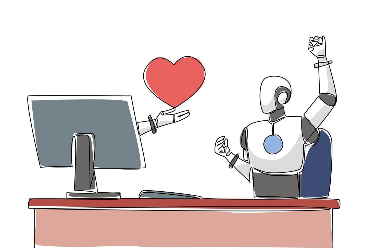 Single continuous line drawing hand of robot out of monitor screen while holds love. Artificial intelligence generates feelings from the heart. Things from Screen. One line design illustration vector