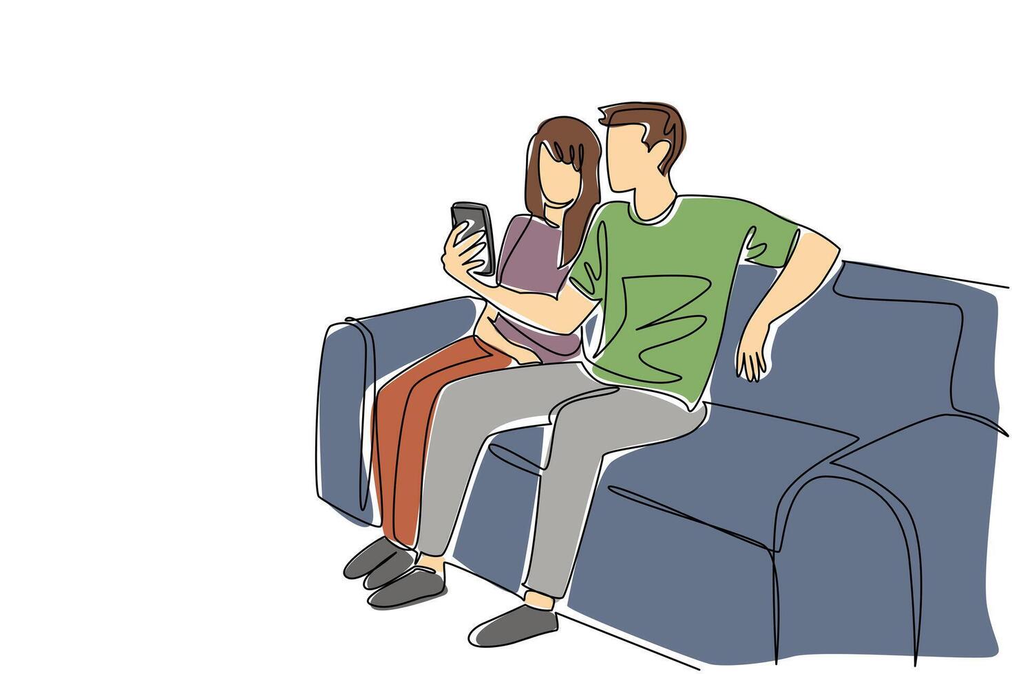Continuous one line drawing man and woman sitting on sofa looking at smartphone. Feeling enthusiastic. Quality time even with simple activities. Surprise. Single line draw design illustration vector