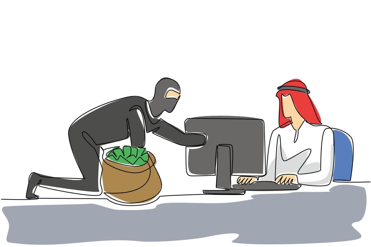 Single continuous line drawing arab man typing and thief putting money into money bag. Fatal system weakness. Hacking accounts. National Senior Fraud Awareness Day. One line design illustration vector