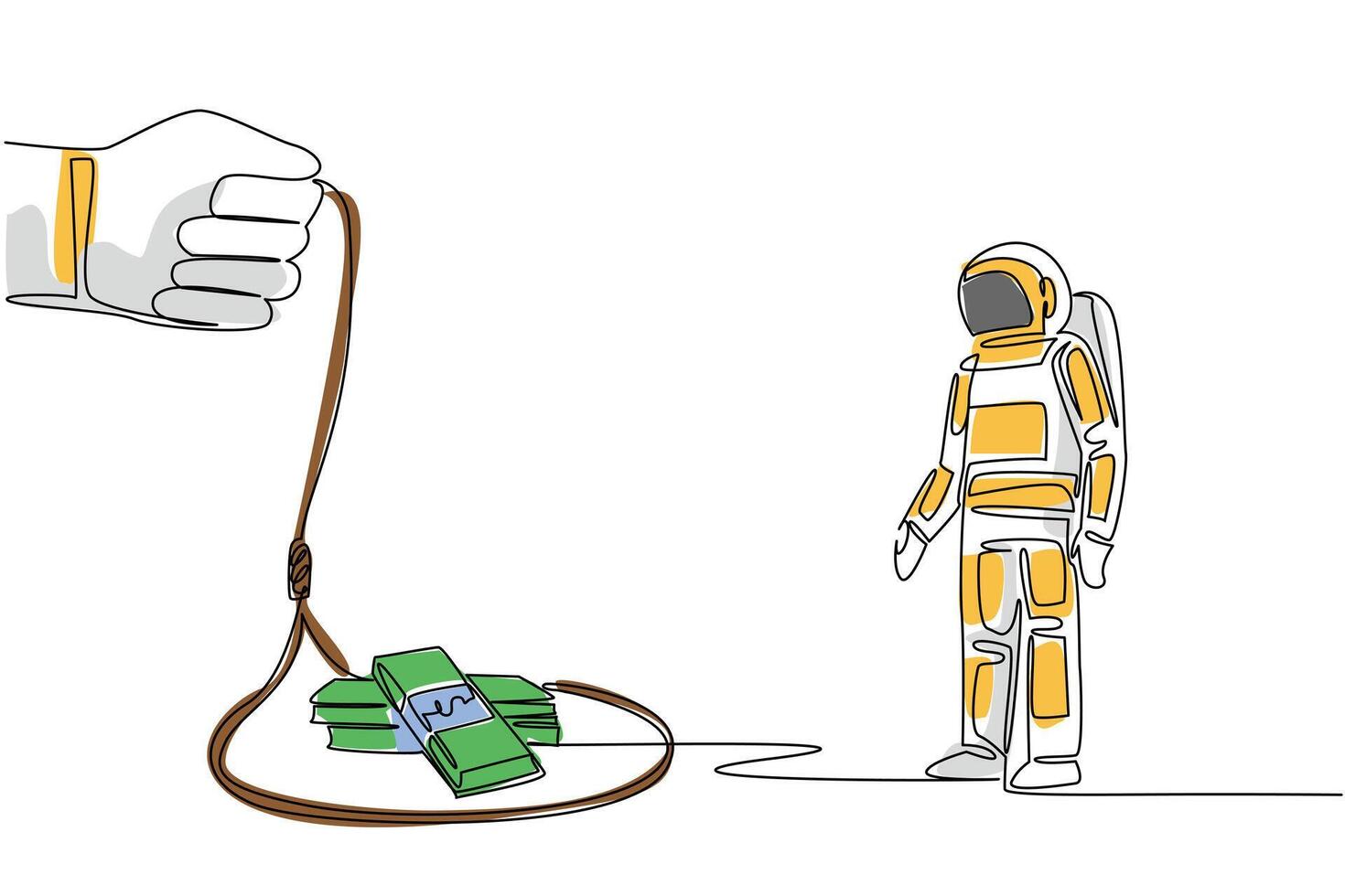 Single one line drawing astronaut walking towards a rope trap containing several stacks of banknotes. Dangerous traps. Ruining the expedition. Money Bait. Continuous line design graphic illustration vector