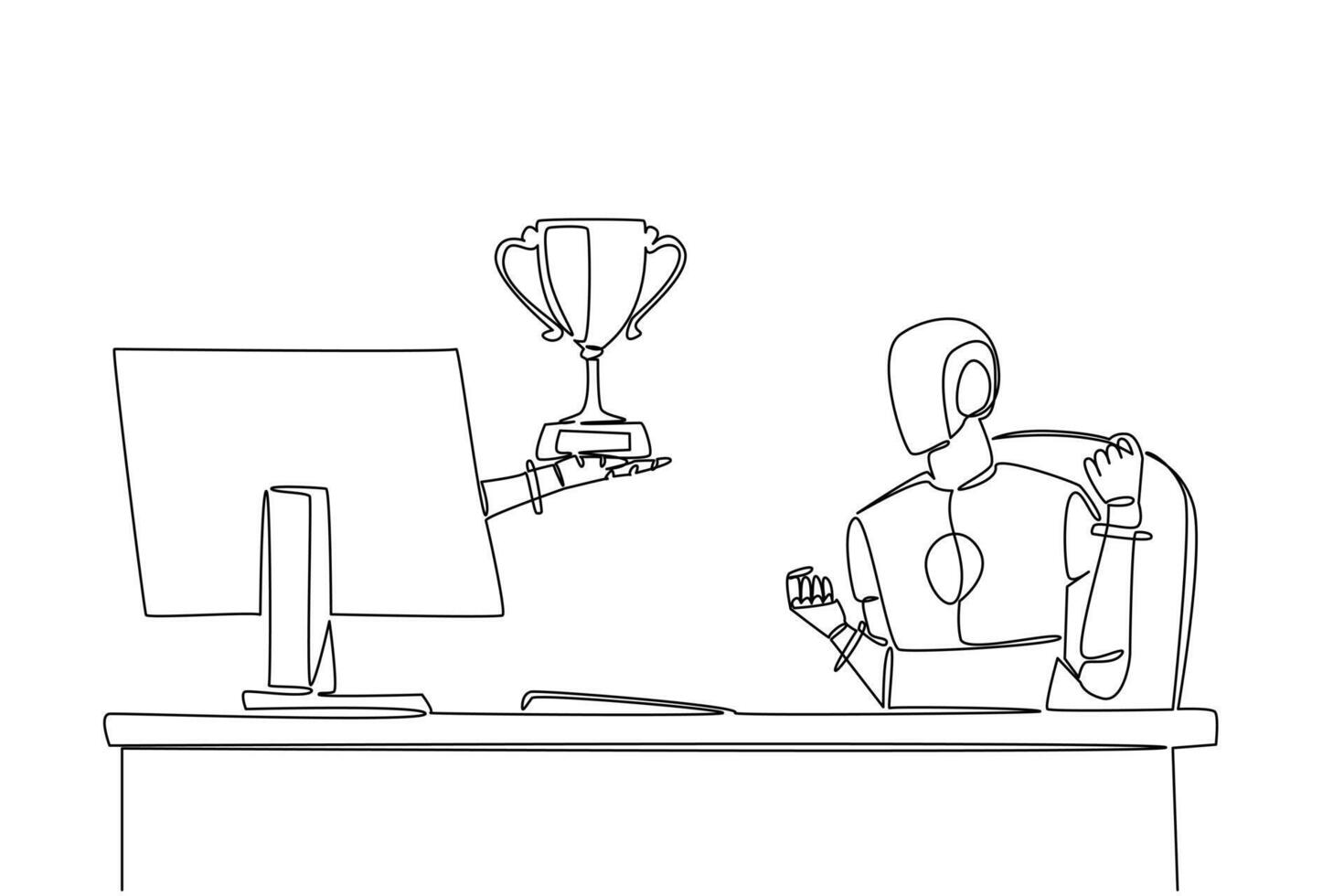 Continuous one line drawing hand of robot out from monitor screen while holding trophy. Highly prestigious award for robot intelligence. Things from Screen. Single line draw design vector