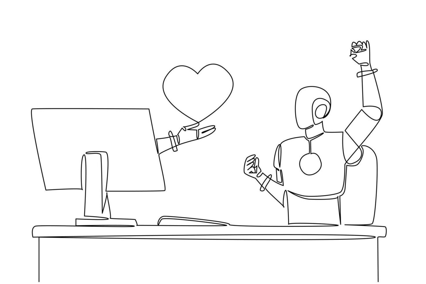 Single continuous line drawing hand of robot out of monitor screen while holds love. Artificial intelligence generates feelings from the heart. Things from Screen. One line design vector