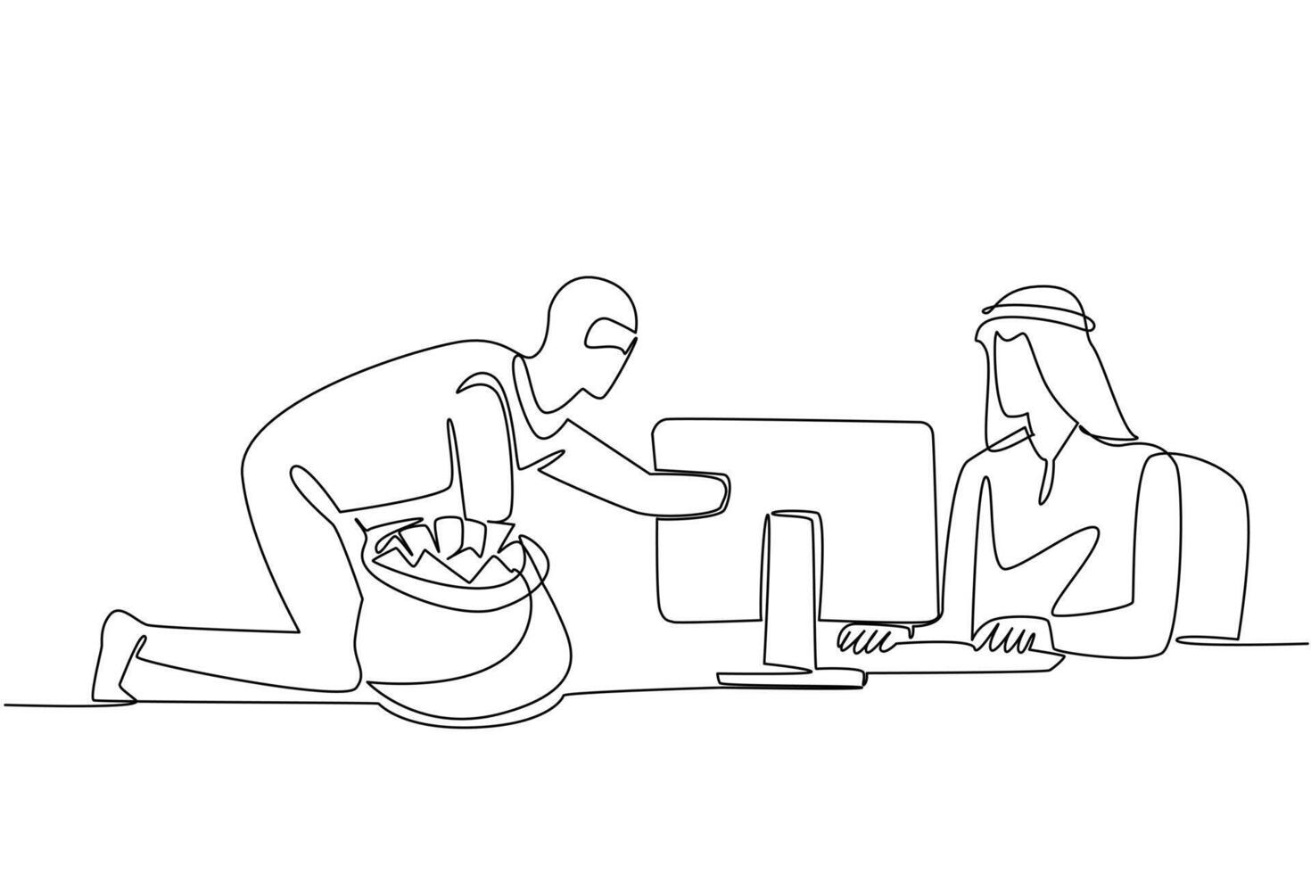 Single continuous line drawing arab man typing and thief putting money into money bag. Fatal system weakness. Hacking accounts. National Senior Fraud Awareness Day. One line illustration vector