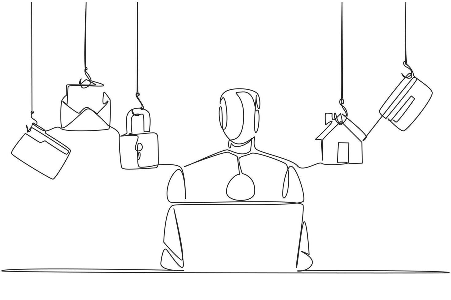 Single continuous line drawing robot typing on laptop and 5 important icons. Intelligence to secure multiple accounts. Secure. National Senior Fraud Awareness Day. One line design vector