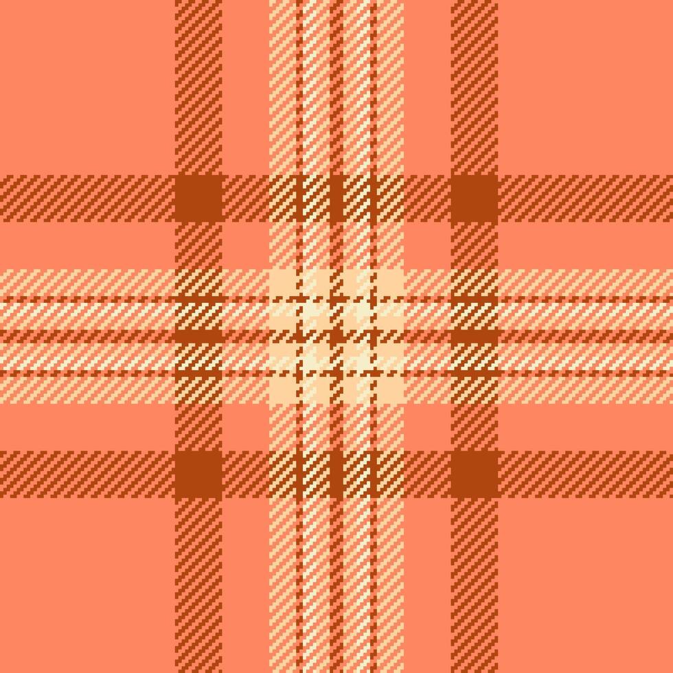 Pixel fabric seamless, korean texture tartan check. Window background plaid textile pattern in orange and red colors. vector