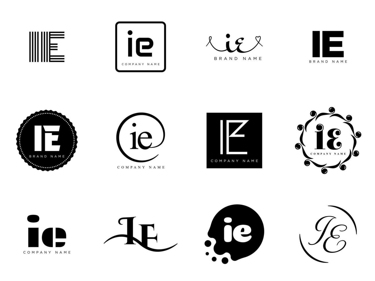 IE logo template Letter i and e logotype. Set different classic serif lettering and modern bold text with design elements. Initial font typography. vector